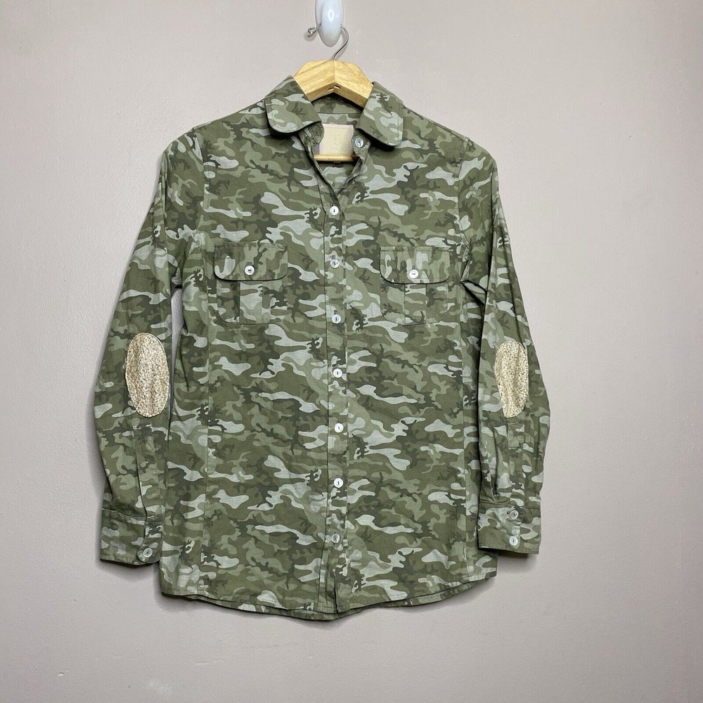 BELL By Alicia Bell Button Up Shirt‎ Long Sleeve Camo Print Elbow Patch Size 12